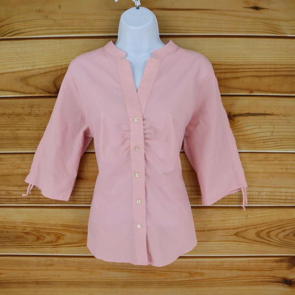 Zara Basic Button Up Shirt Womens Sz XL Pink Polyester Blend 3/4 Sleeves Ruched